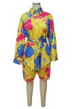 Yellow Sexy Print Patchwork Turndown Collar Plus Size Two Pieces