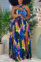 Blauwe mode sexy plus size print backless split halter mouwloze jurk