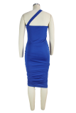 Blue Sexy Solid Patchwork One Shoulder Pencil Skirt Dresses