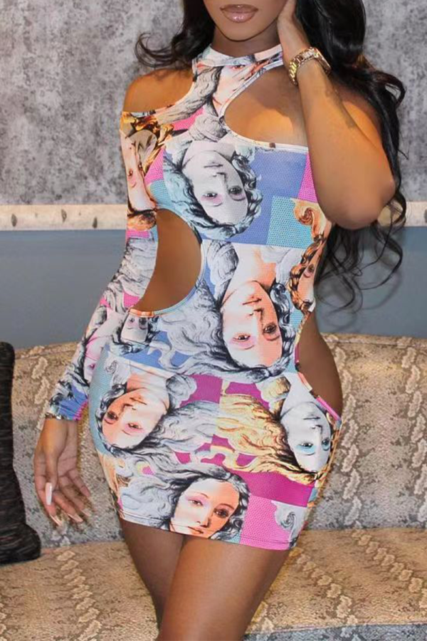 Pink Sexy Print Hollowed Out Half A Turtleneck Pencil Dresses