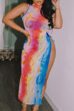 Цветное модное сексуальное платье с разрезом и вырезом на половину водолазки без рукавов