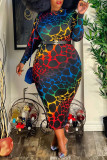 Multicolor Fashion Casual Print Without Belt O Neck Plus Size Dresses