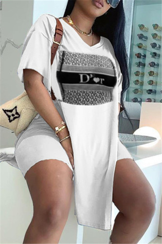 White Fashion Casual Print Slit V Neck Short Sleeve Two Pieces