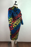 Multicolor Fashion Casual Print Without Belt O Neck Plus Size Dresses