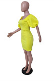 Желтое сексуальное повседневное однотонное базовое платье с квадратным воротником и коротким рукавом