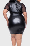 Schwarzes, modisches, sexy, durchsichtiges Patchwork-Kleid mit Rollkragen und kurzen Ärmeln in Übergröße