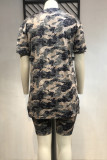 Camouflage Fashion Casual Camouflage Print Slit V Neck Plus Size Two Pieces