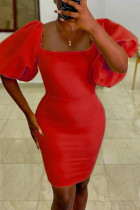 Красное сексуальное повседневное однотонное базовое платье с квадратным воротником и коротким рукавом