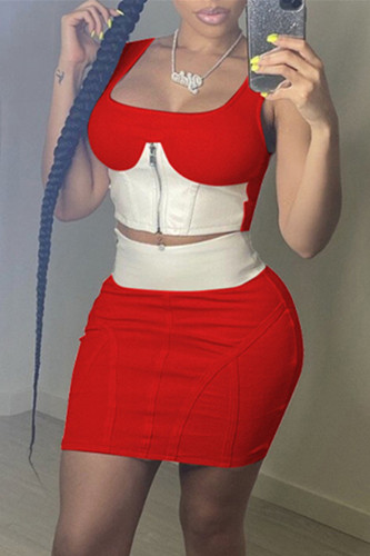 Red Sexy Casual Patchwork Basic Square Collar Sleeveless Two Pieces