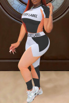 Черный Повседневная спортивная одежда Пэчворк с буквенным принтом О-образный вырез С короткими рукавами Из двух частей