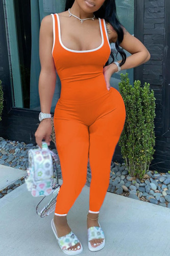 Orange Fashion Casual Patchwork Solid Slip Jumpsuits