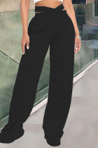 Pantalon taille haute régulier en patchwork uni à la mode noir