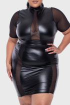 Черное модное сексуальное прозрачное платье с коротким рукавом в стиле пэчворк больших размеров