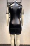 Black Fashion Sexy Plus Size Patchwork See-through Turtleneck Short Sleeve Dress