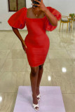 Rode sexy casual effen basic vierkante kraag jurk met korte mouwen