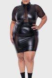 Zwarte mode sexy plus size patchwork doorschijnende coltrui jurk met korte mouwen