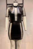 Schwarzes, modisches, sexy, durchsichtiges Patchwork-Kleid mit Rollkragen und kurzen Ärmeln in Übergröße