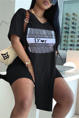 Black Fashion Casual Print Slit V Neck Short Sleeve Two Pieces