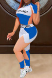 Синий Повседневная спортивная одежда Пэчворк с буквенным принтом О-образный вырез С короткими рукавами Из двух частей
