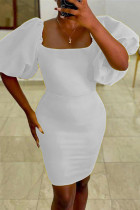 ホワイトセクシーカジュアルソリッドベーシックスクエアカラー半袖ドレス