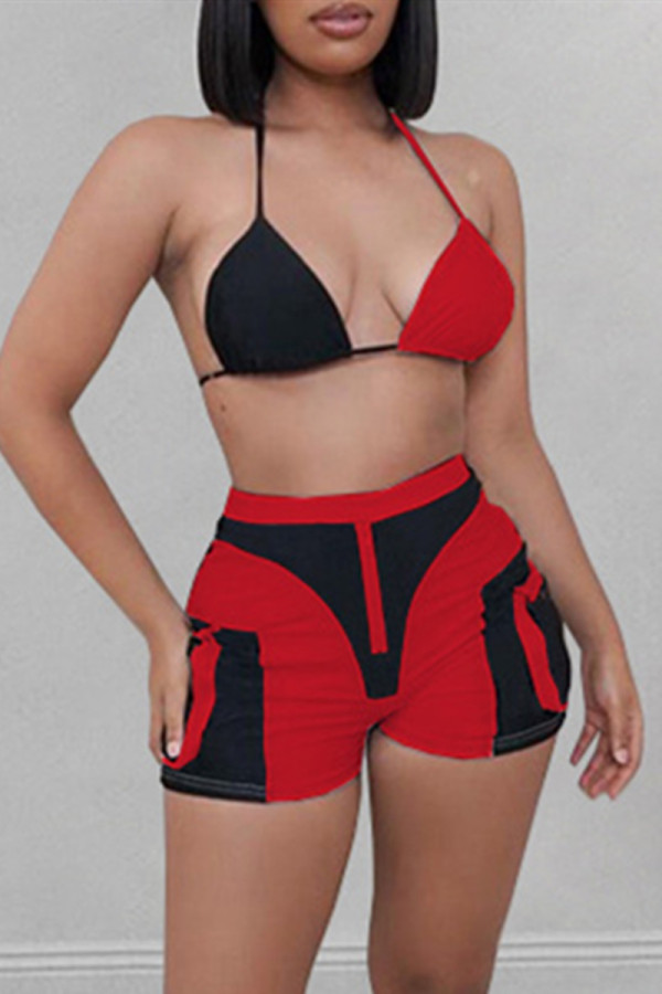 Cabresto vermelho moda sexy patchwork sem costas sem mangas duas peças