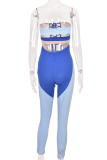 Blue Sexy Patchwork Frenulum Off the Shoulder Skinny Jumpsuits