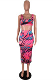 Rose Red Sexy Casual Print Basic U Neck Sleeveless Two Pieces