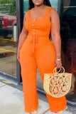 オレンジ ファッション カジュアル ソリッド ベーシック Uネック プラスサイズ ノースリーブ ジャンプスーツ