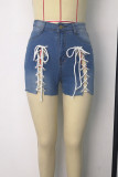 Light Blue Fashion Casual Solid Strap Design Without Belt High Waist Jeans