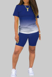 Blue Fashion Casual Gradient Short Sleeve Two Pieces