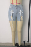 Light Blue Fashion Casual Solid Strap Design Without Belt High Waist Jeans