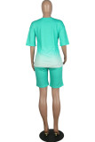 Ink Green Fashion Casual Gradient Short Sleeve Two Pieces