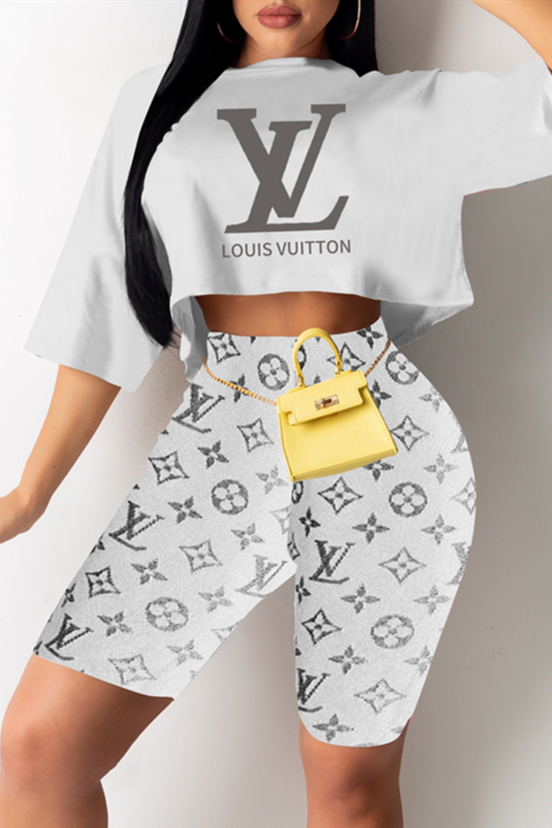 

Silver Fashion Casual Print Basic O Neck Short Sleeve Two Pieces