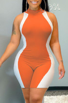 Macacão skinny básico moda casual patchwork laranja com gola O