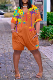 オレンジファッションカジュアルプリントポケットVネックルーズ半袖ロンパース