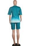 Light Blue Fashion Casual Gradient Short Sleeve Two Pieces