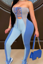 Blauwe sexy patchwork frenulum off-shoulder skinny jumpsuits