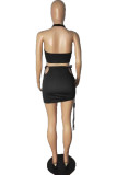 Black Sexy Solid Bandage Draw String Backless Halter Sleeveless Two Pieces