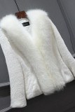 Abrigo sólido de cuello de piel sintética delgado de moda blanca
