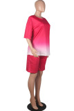 rose red Fashion Casual Gradient Short Sleeve Two Pieces