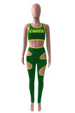 Green Sexy Casual Letter Print Hollowed Out O Neck Sleeveless Two Pieces
