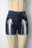Deep Blue Fashion Casual Solid Strap Design Without Belt High Waist Jeans