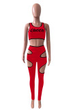 Red Sexy Casual Letter Print Hollowed Out O Neck Sleeveless Two Pieces