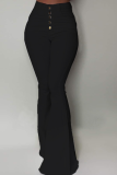 Pantalon patchwork haut-parleur taille haute noir avec boucle solide et coupe botte