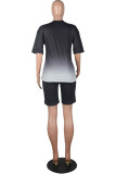 Black Fashion Casual Gradient Short Sleeve Two Pieces