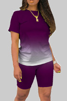 Фиолетовый Мода Повседневная Градиент С Коротким Рукавом Из Двух Частей