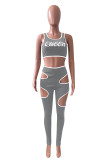 Grey Sexy Casual Letter Print Hollowed Out O Neck Sleeveless Two Pieces