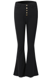 Pantalones de retazos de altavoz de cintura alta con corte de bota con hebilla sólida de calle negro