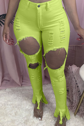 Fluorescent Green Fashion Casual Solid Ripped Skinny Broken Hole Trousers