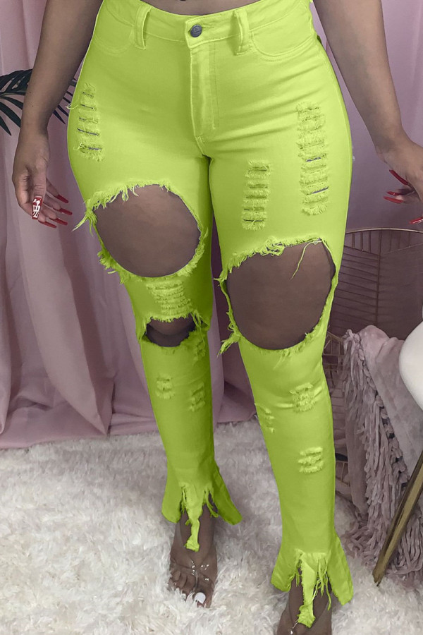 Флуоресцентные зеленые модные повседневные однотонные рваные узкие брюки с дырками